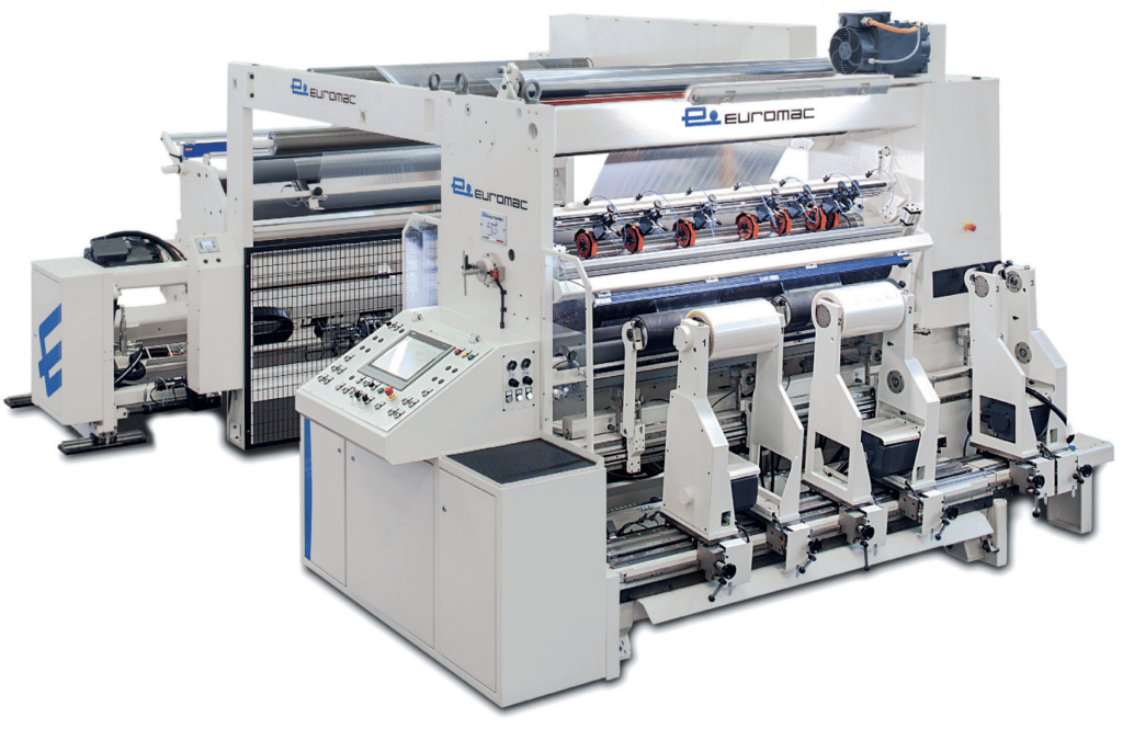 Powerful roll slitter machine TB-6CM for flexible packaging with a high degree of automation.